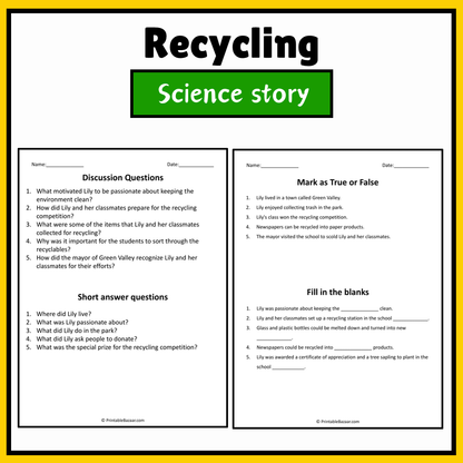 Recycling | Science Story Reading Comprehension Activity