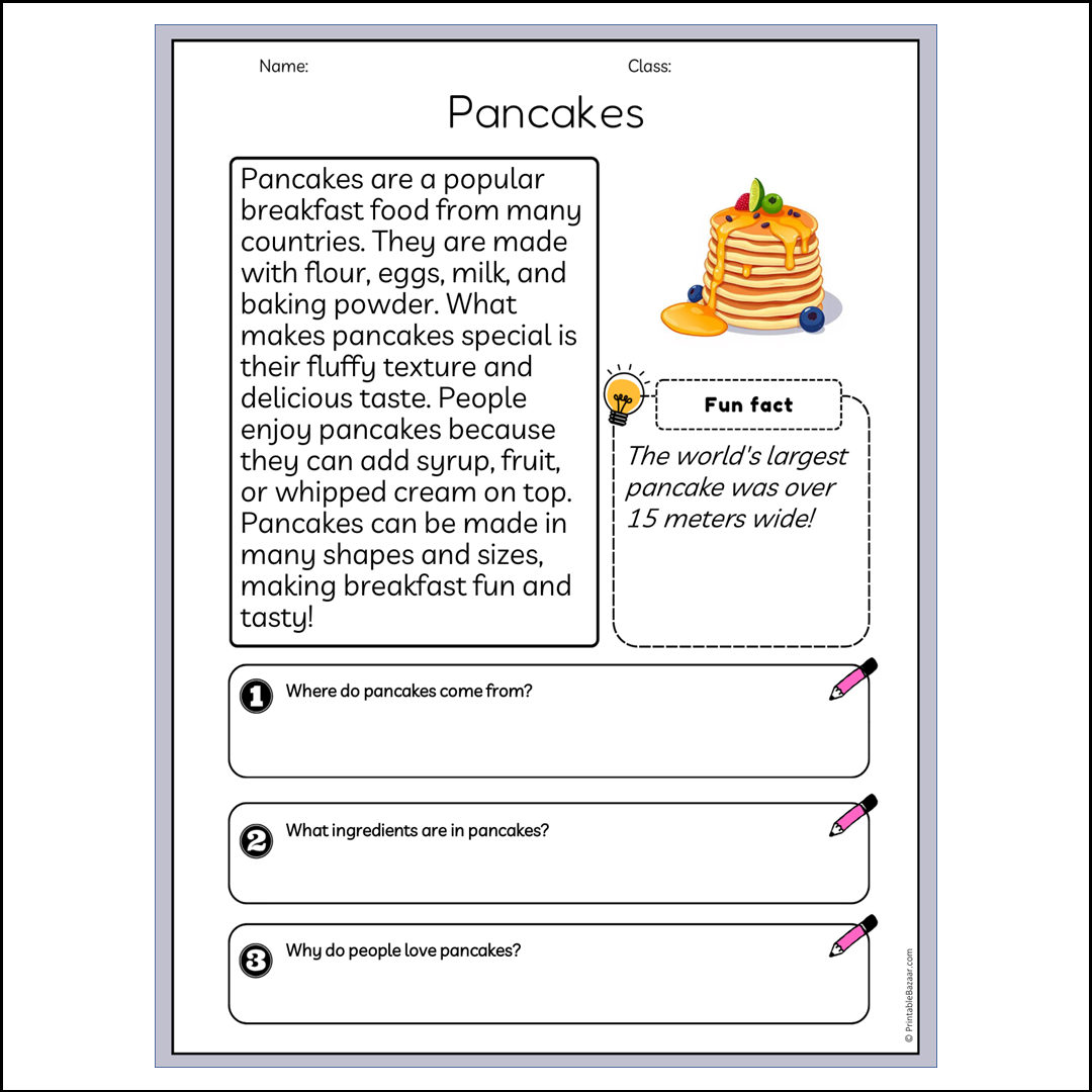 Pancakes | Reading Passage Comprehension Questions Writing Facts Worksheet