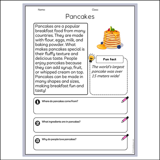 Pancakes | Reading Passage Comprehension Questions Writing Facts Worksheet