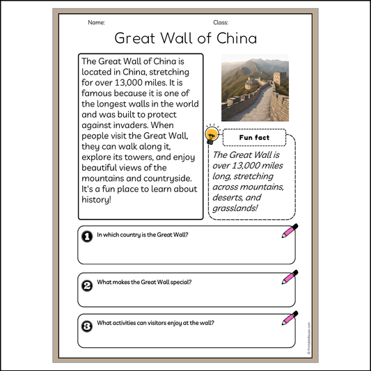 Great Wall of China | Reading Passage Comprehension Questions Writing Facts Worksheet