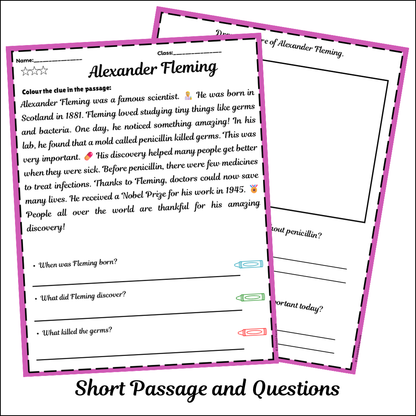 Alexander Fleming | Short Reading Comprehension Creative Worksheet