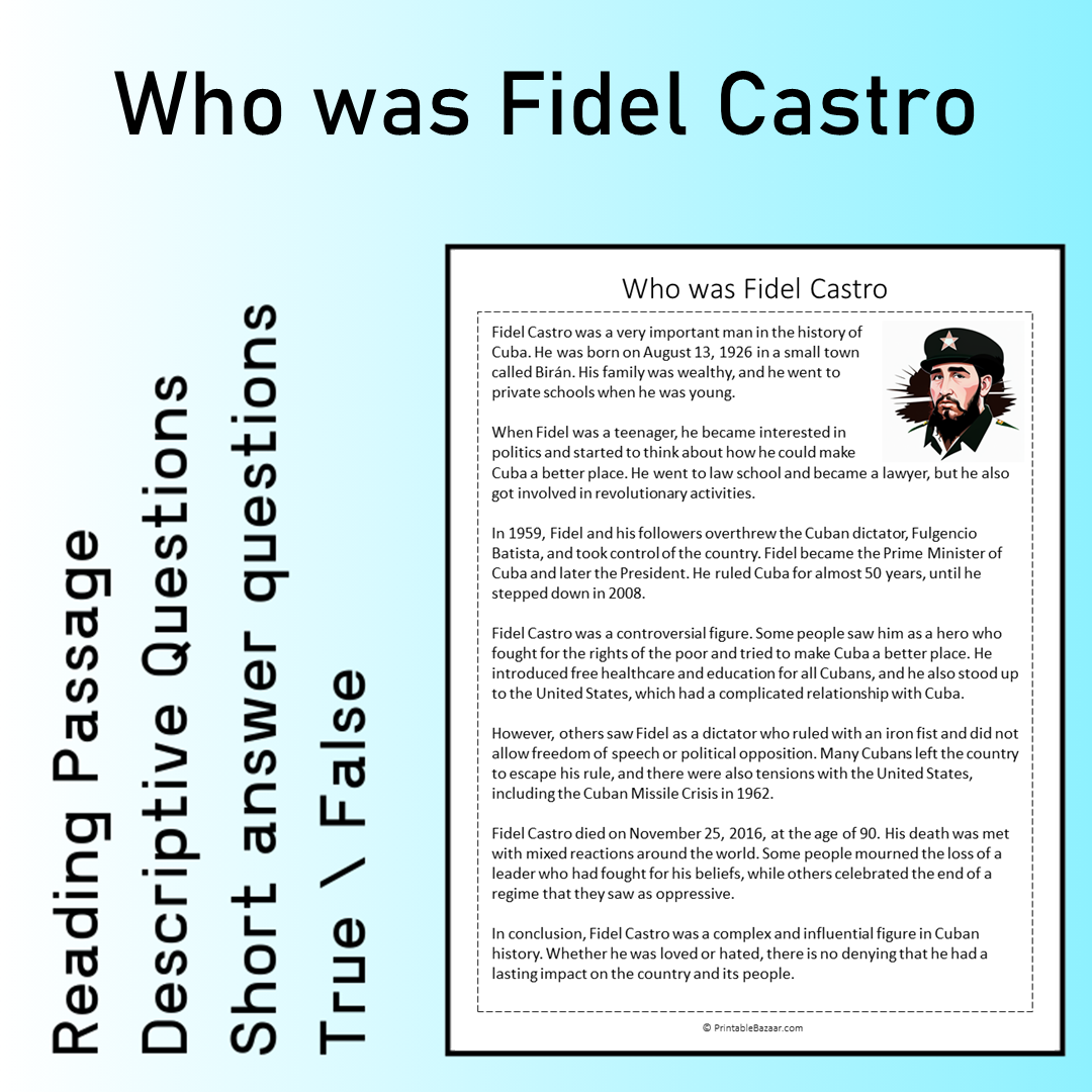 Who was Fidel Castro | Reading Comprehension Passage Printable Worksheet