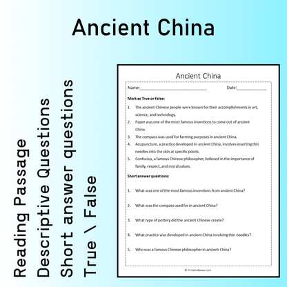 Ancient China | Reading Comprehension Passage Printable Worksheet