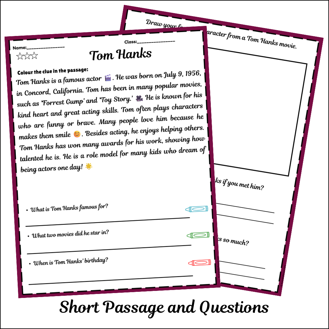 Tom Hanks | Short Reading Comprehension Creative Worksheet