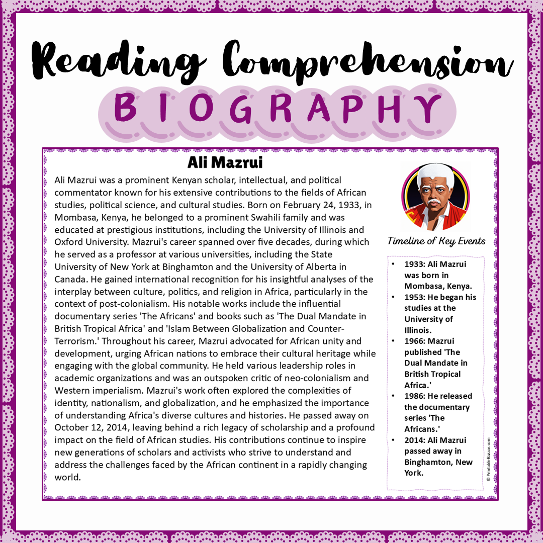 Ali Mazrui | Biography Reading Comprehension and Questions Worksheet