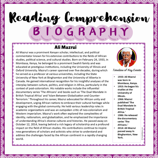 Ali Mazrui | Biography Reading Comprehension and Questions Worksheet