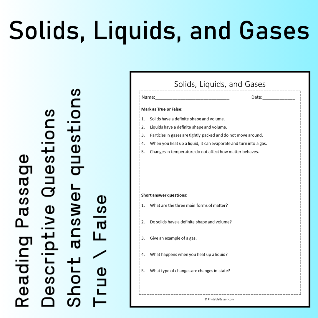 Solids, Liquids, and Gases | Reading Comprehension Passage Printable Worksheet