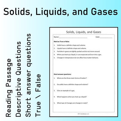 Solids, Liquids, and Gases | Reading Comprehension Passage Printable Worksheet