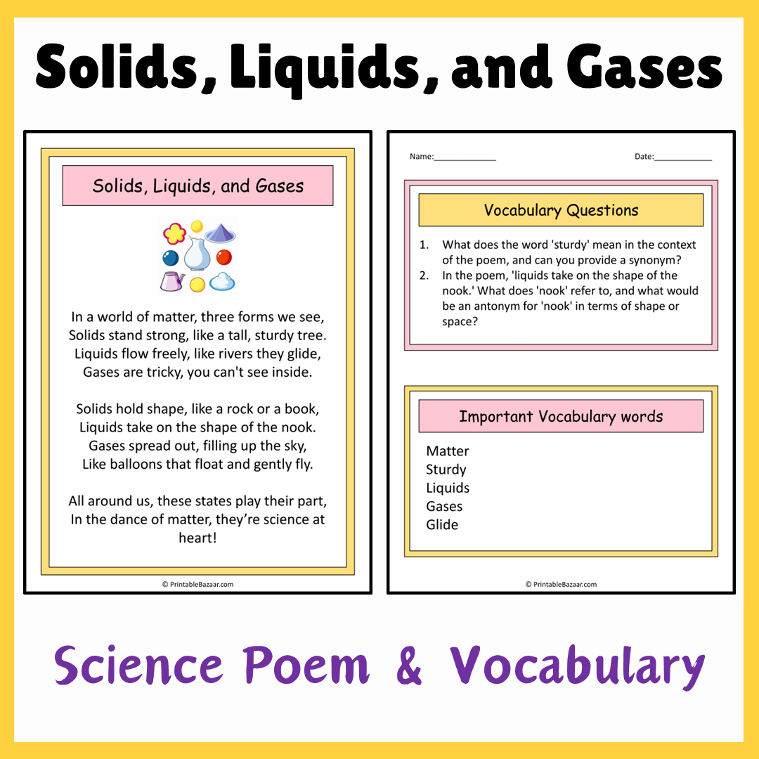 Solids, Liquids, and Gases | Science Poem Reading Comprehension Activity