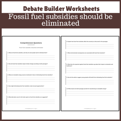 Fossil fuel subsidies should be eliminated | Favour and Against Worksheet Printable Activity
