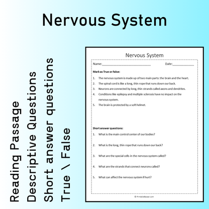 Nervous System | Reading Comprehension Passage Printable Worksheet