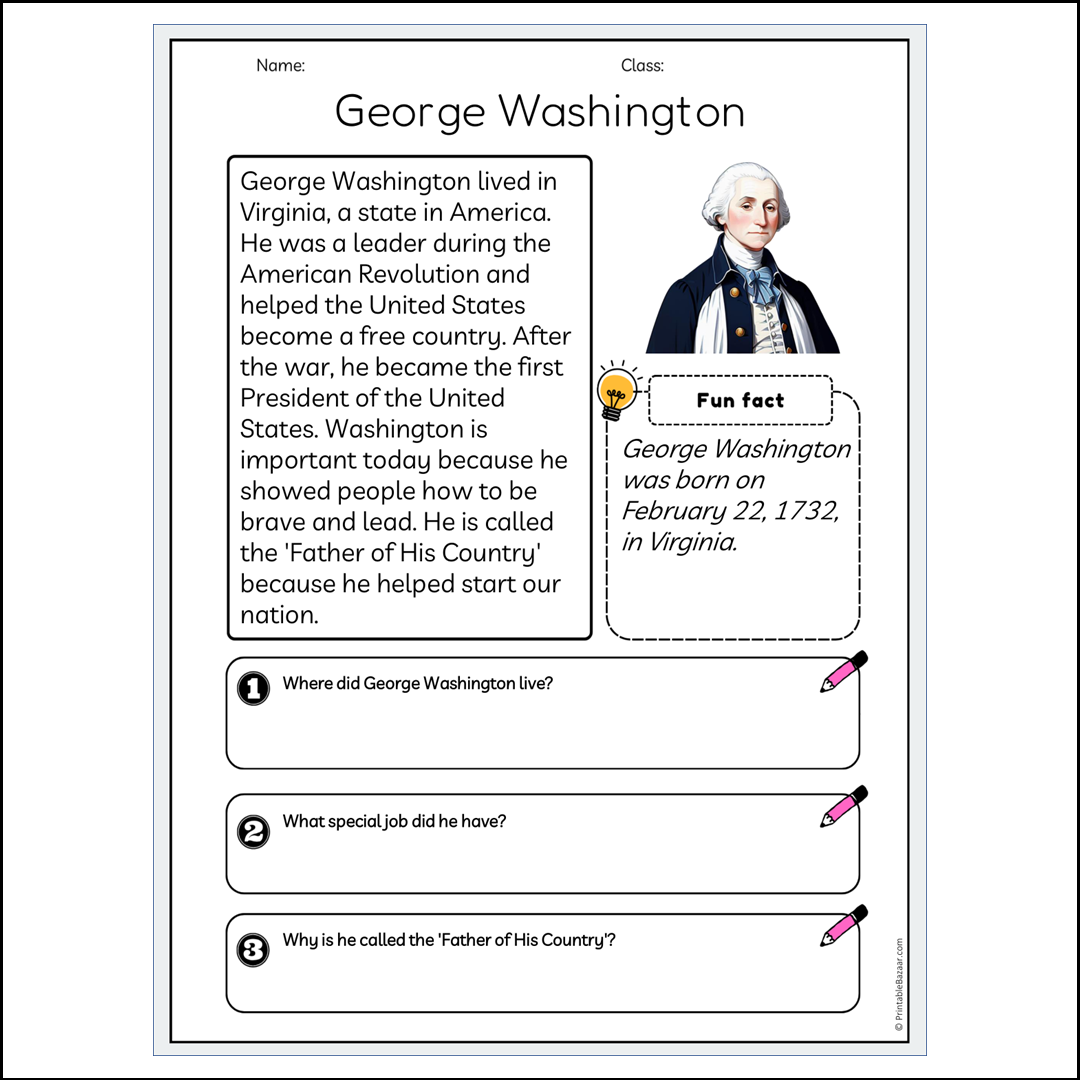 George Washington | Reading Passage Comprehension Questions Writing Facts Worksheet