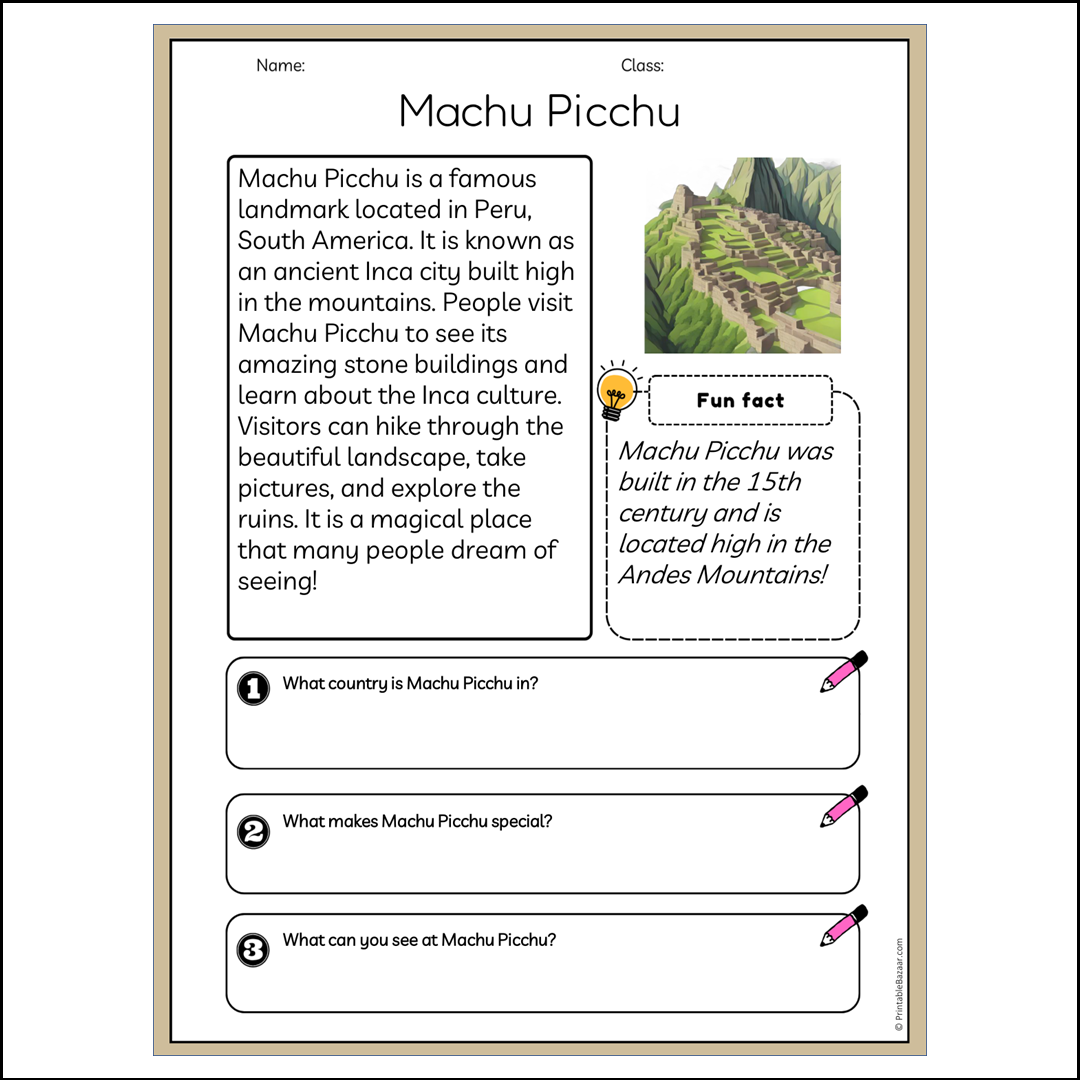 Machu Picchu | Reading Passage Comprehension Questions Writing Facts Worksheet