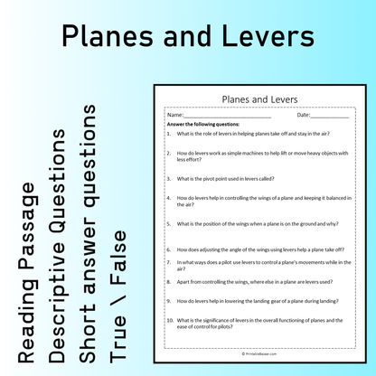 Planes and Levers | Reading Comprehension Passage Printable Worksheet