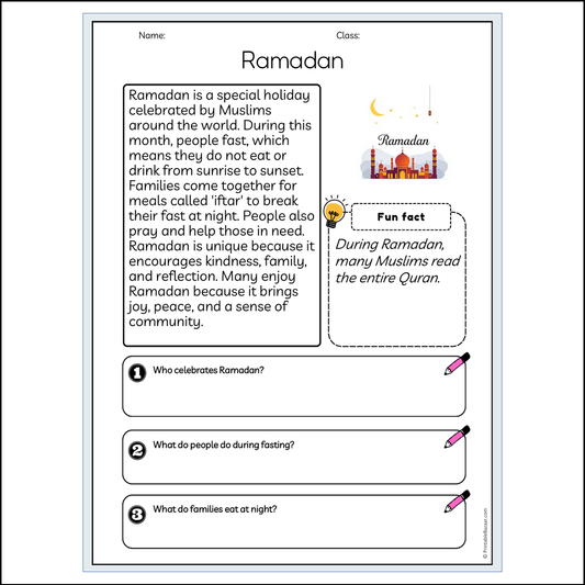 Ramadan | Reading Passage Comprehension Questions Writing Facts Worksheet