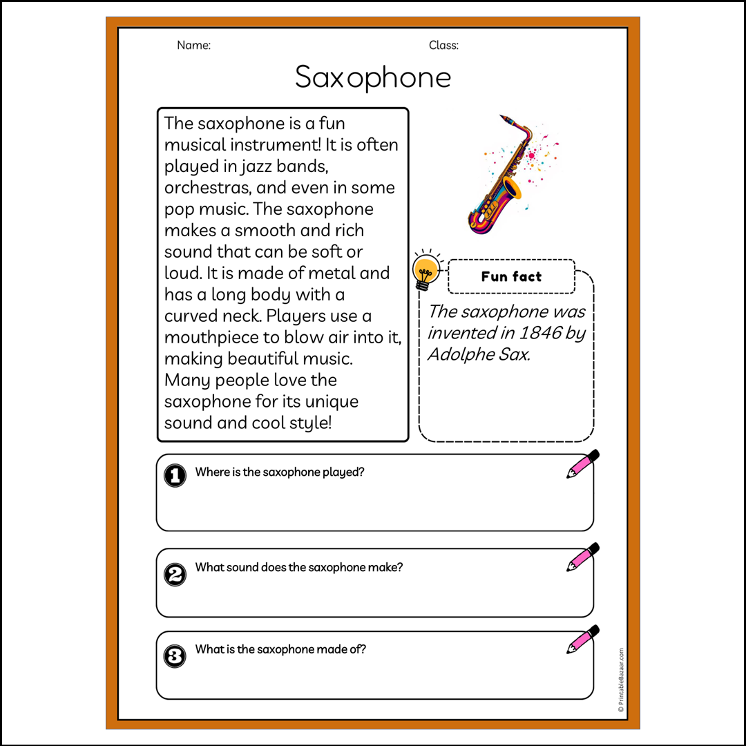 Saxophone | Reading Passage Comprehension Questions Writing Facts Worksheet