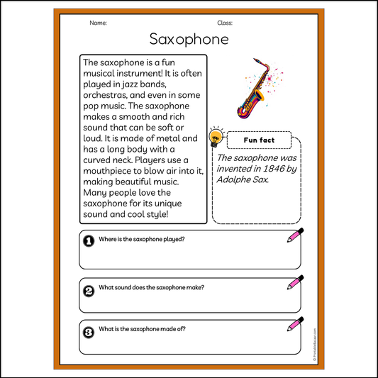 Saxophone | Reading Passage Comprehension Questions Writing Facts Worksheet