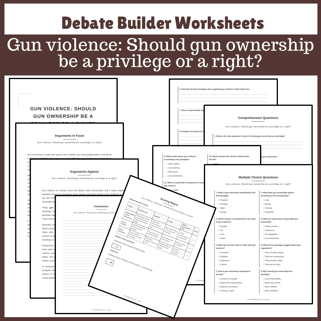 Gun violence: Should gun ownership be a privilege or a right? | Favour and Against Worksheet Printable Activity