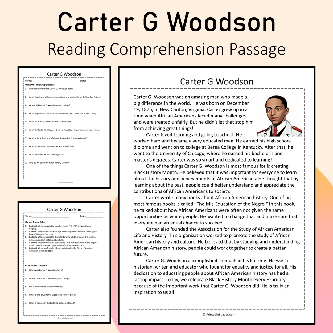 Carter G Woodson | Reading Comprehension Passage Printable Activity