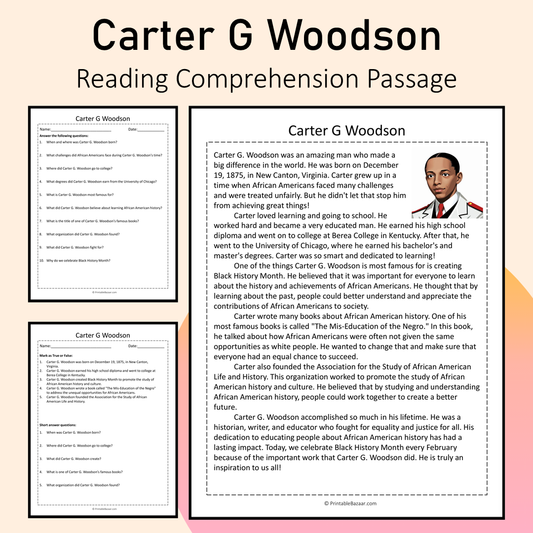 Carter G Woodson | Reading Comprehension Passage Printable Activity