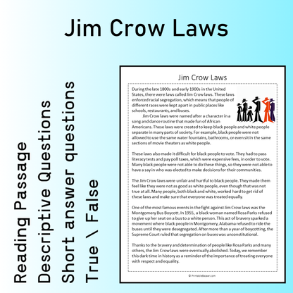 Jim Crow Laws | Reading Comprehension Passage Printable Worksheet
