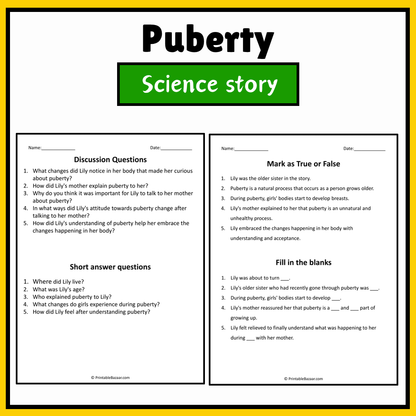 Puberty | Science Story Reading Comprehension Activity