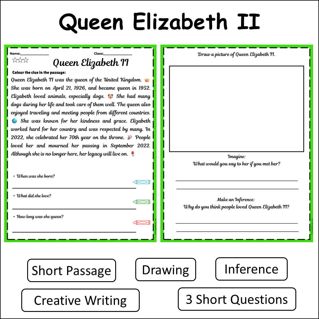 Queen Elizabeth II | Short Reading Comprehension Creative Worksheet