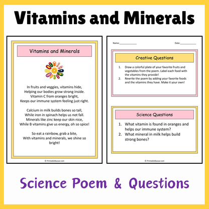 Vitamins and Minerals | Science Poem Reading Comprehension Activity