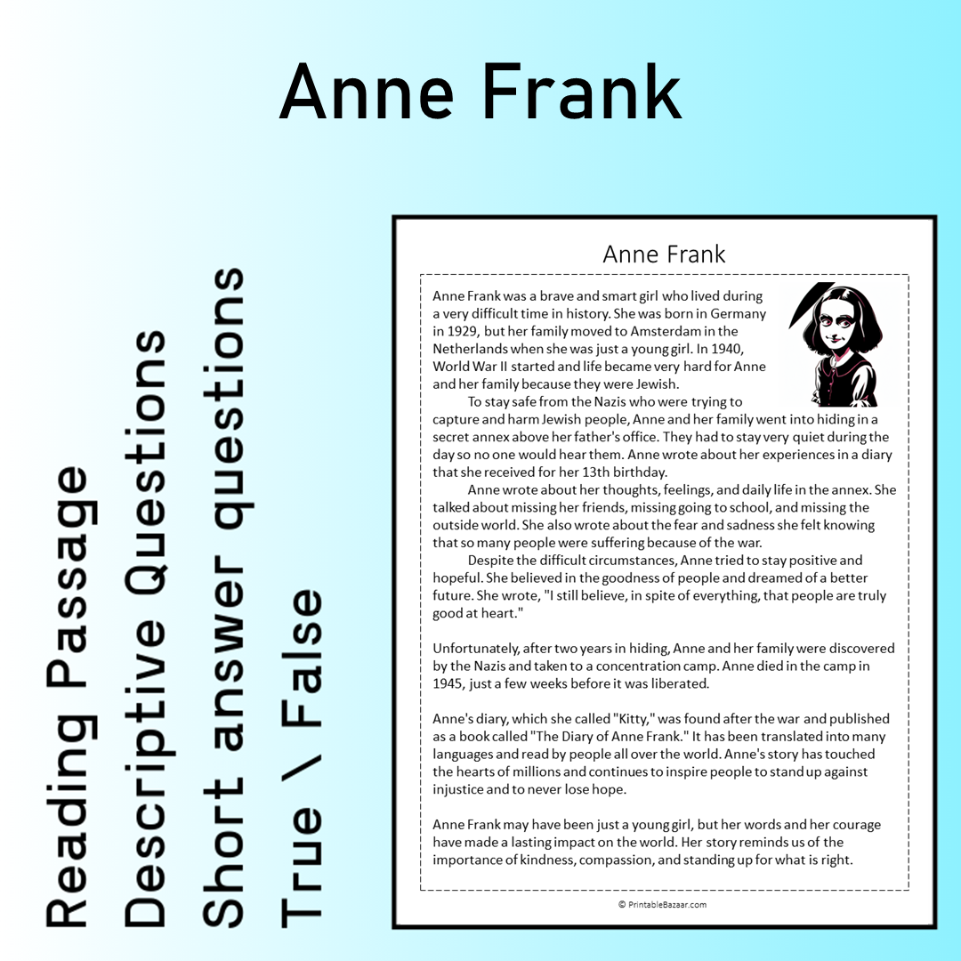 Anne Frank | Reading Comprehension Passage Printable Worksheet