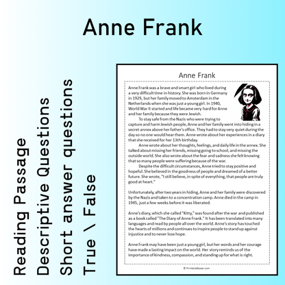 Anne Frank | Reading Comprehension Passage Printable Worksheet