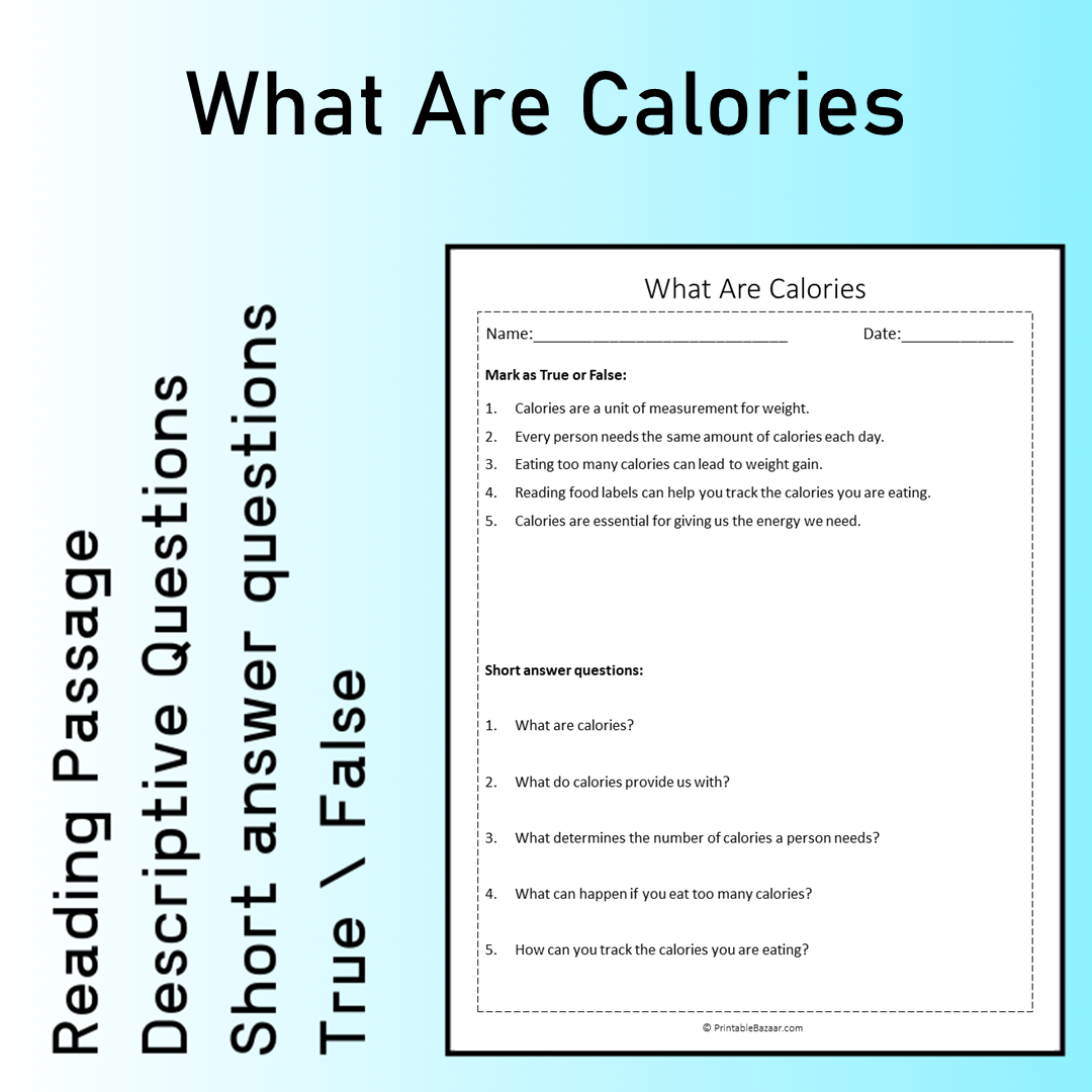 What Are Calories | Reading Comprehension Passage Printable Worksheet