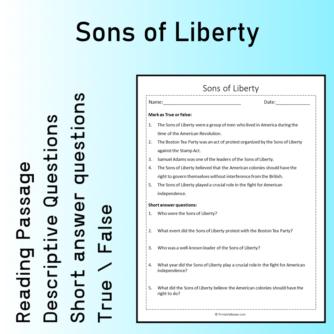 Sons of Liberty | Reading Comprehension Passage Printable Worksheet