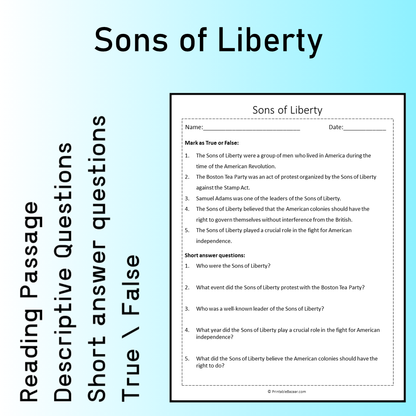 Sons of Liberty | Reading Comprehension Passage Printable Worksheet