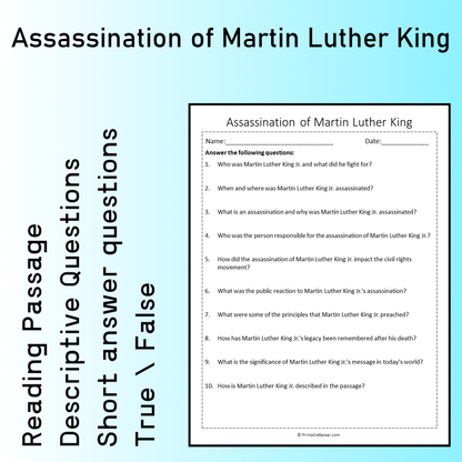 Assassination of Martin Luther King | Reading Comprehension Passage Printable Worksheet