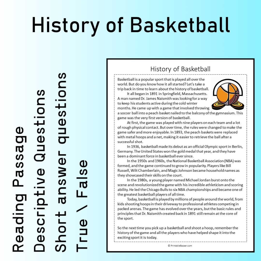 History of Basketball | Reading Comprehension Passage Printable Worksheet