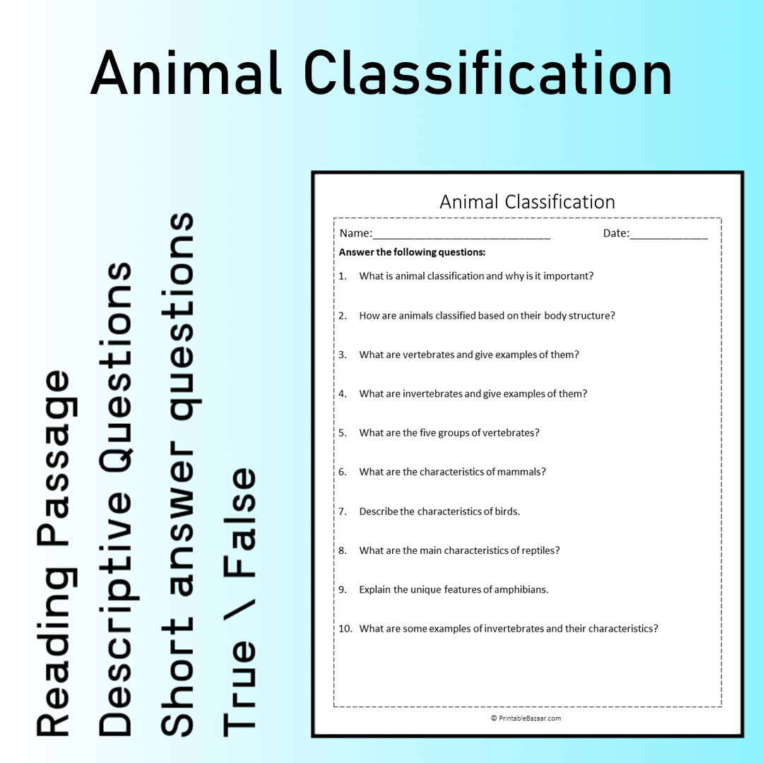Animal Classification | Reading Comprehension Passage Printable Worksheet