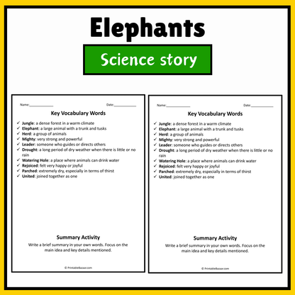 Elephants | Science Story Reading Comprehension Activity