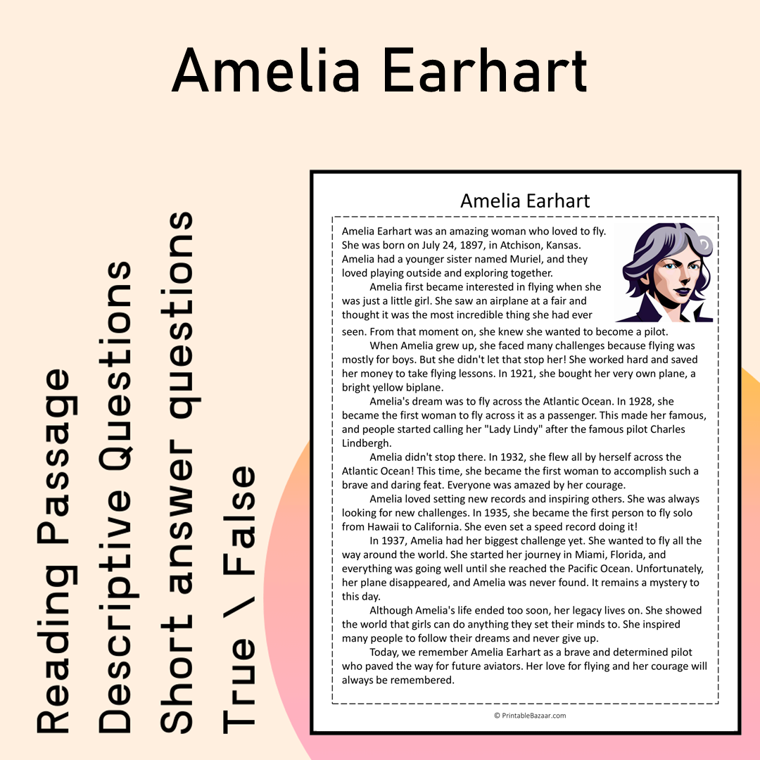 Amelia Earhart | Reading Comprehension Passage Printable Activity