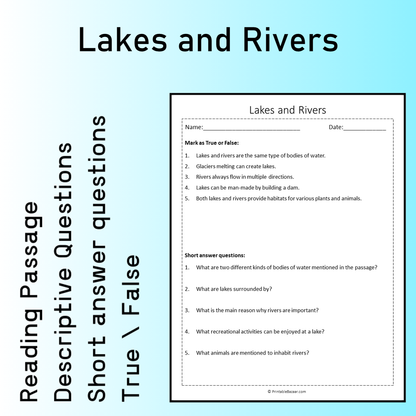 Lakes and Rivers | Reading Comprehension Passage Printable Worksheet