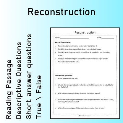 Reconstruction | Reading Comprehension Passage Printable Worksheet