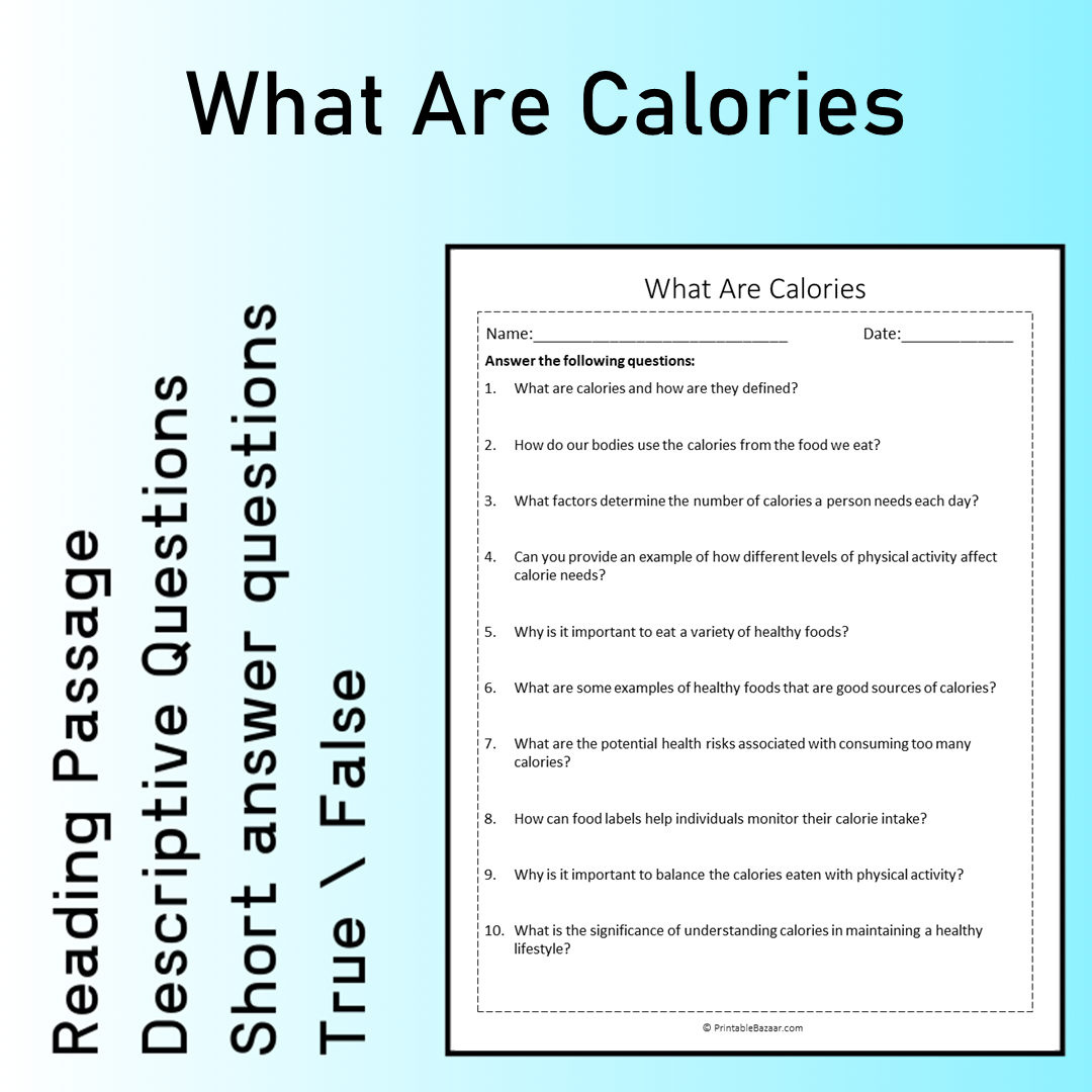 What Are Calories | Reading Comprehension Passage Printable Worksheet