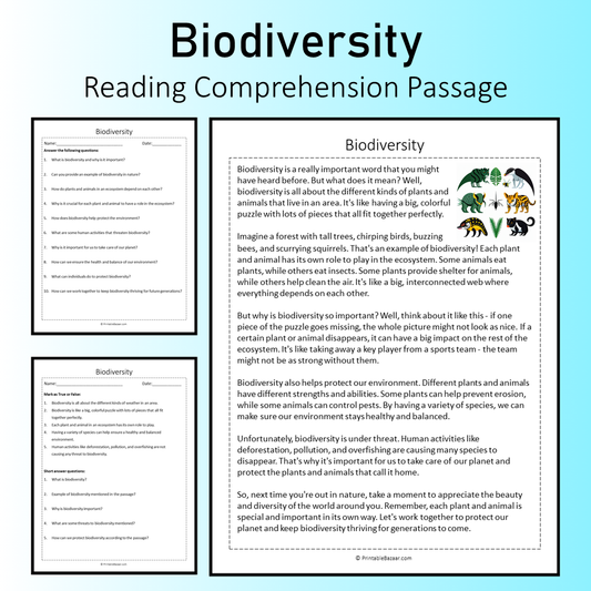 Biodiversity | Reading Comprehension Passage Printable Worksheet