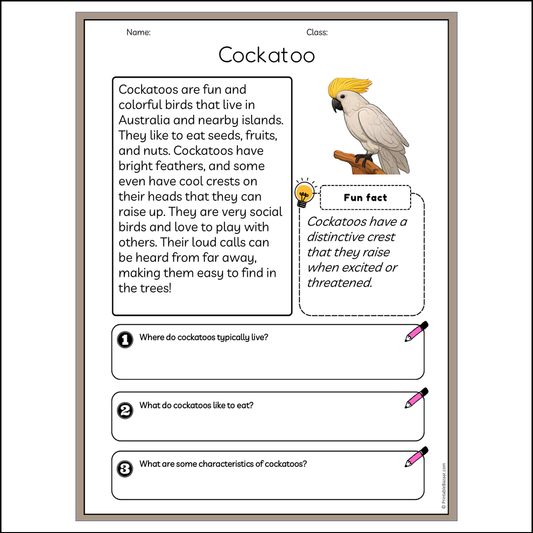 Cockatoo | Reading Passage Comprehension Questions Writing Facts Worksheet