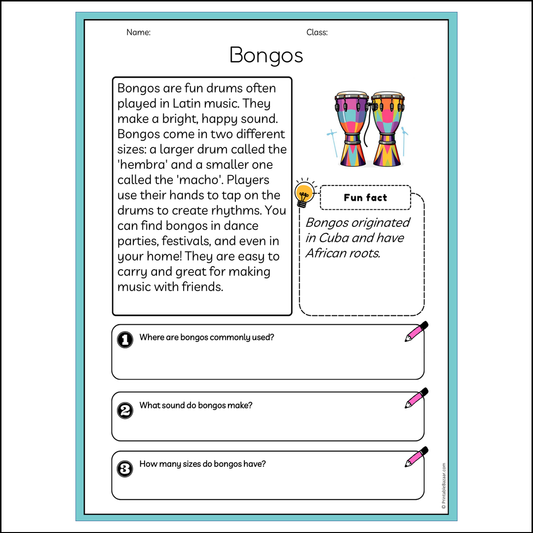 Bongos | Reading Passage Comprehension Questions Writing Facts Worksheet