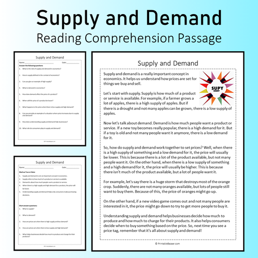 Supply and Demand | Reading Comprehension Passage Printable Worksheet