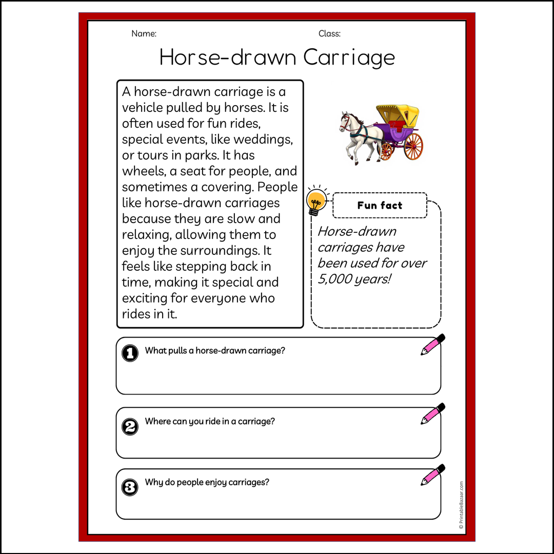 Horse-drawn Carriage | Reading Passage Comprehension Questions Writing Facts Worksheet