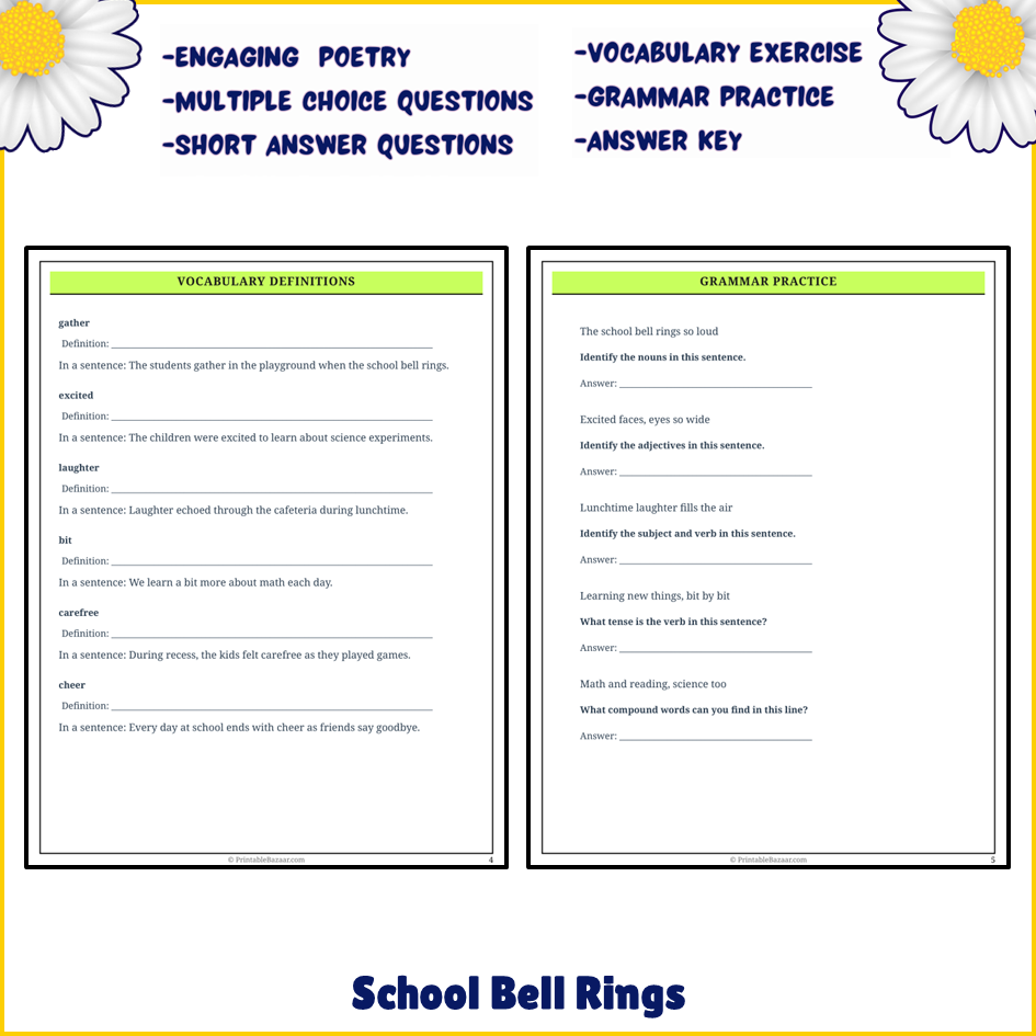 School Bell Rings | Poem Grammar Worksheet Printable Activity