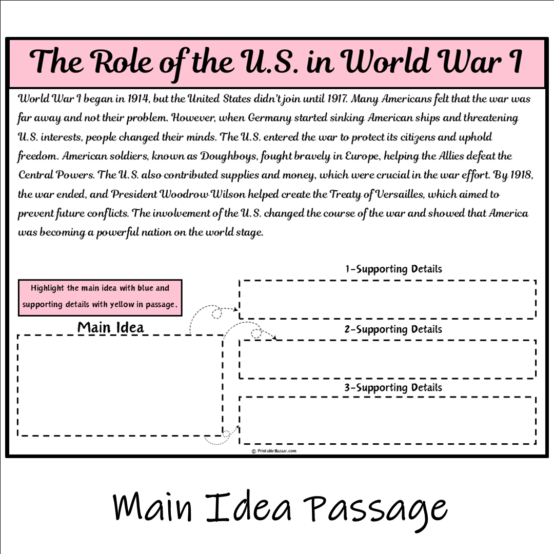 The Role of the U.S. in World War I | Main Idea and Supporting Details Reading Passage and Questions