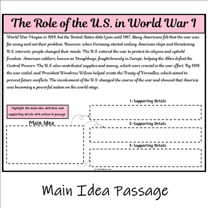 The Role of the U.S. in World War I | Main Idea and Supporting Details Reading Passage and Questions