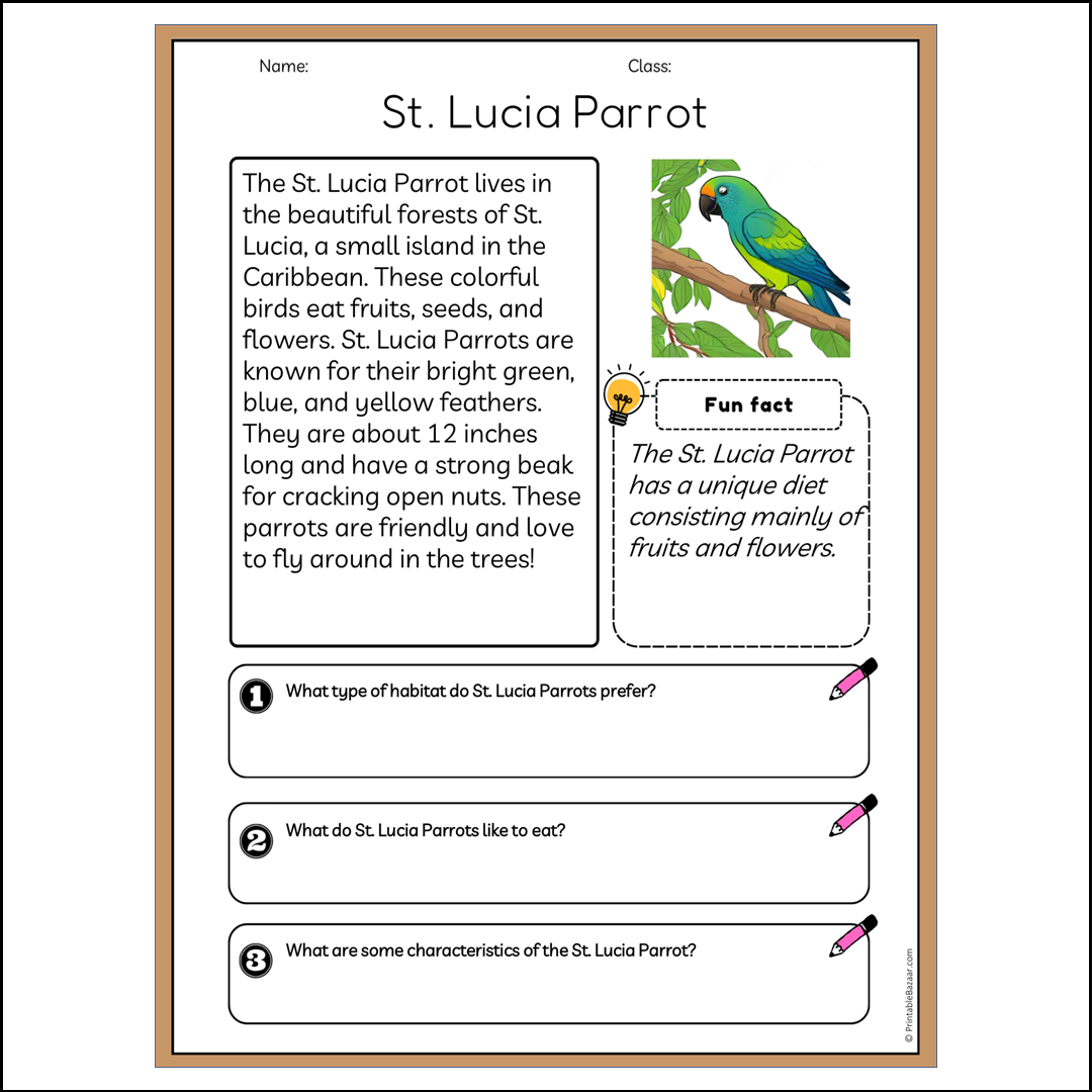 St. Lucia Parrot | Reading Passage Comprehension Questions Writing Facts Worksheet